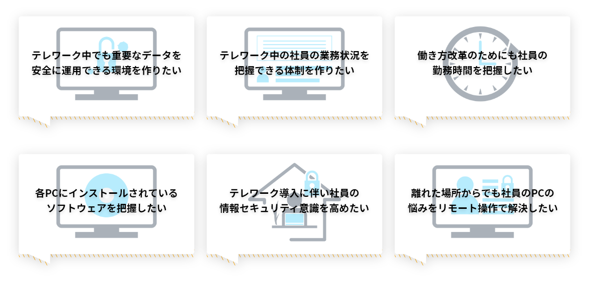 テレワーク中でも重要なデータを安全に運用できる環境を作りたい。テレワーク中の社員の業務状況を把握できる体制を作りたい。働き方改革のためにも社員の勤務時間を把握したい。各PCにインストールされているソフトウェアを把握したい。テレワーク導入に伴い社員の情報セキュリティ意識を高めたい。離れた場所からでも社員のPCの悩みをリモート操作で解決したい